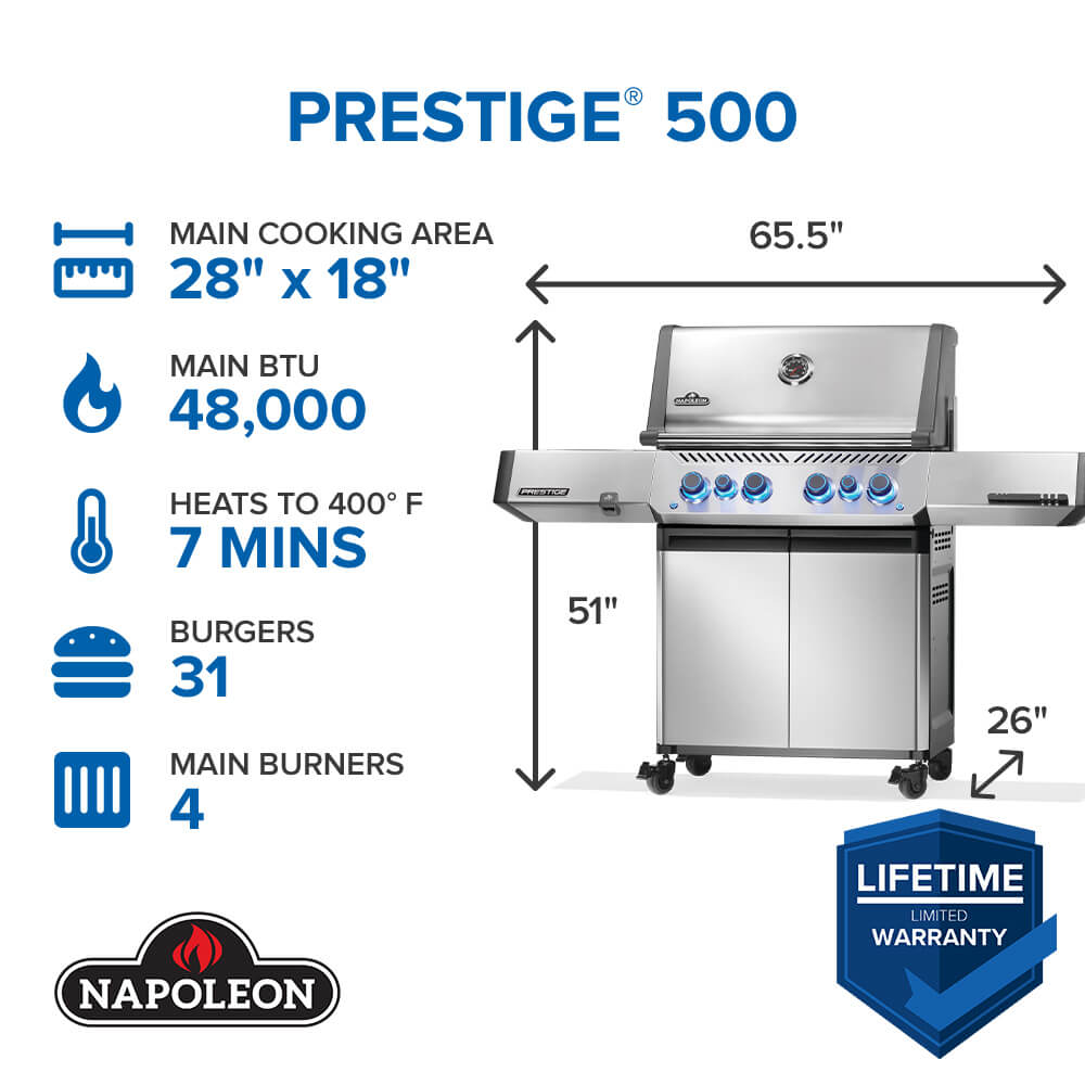 Prestige® 500 Natural Gas Grill with Infrared Side and Rear Burner, Stainless Steel