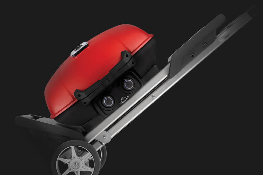 TravelQ™ 285X Portable Propane Gas Grill and Scissor Cart with Griddle, Red