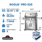 Rogue® PRO 525 Propane Gas Grill with Infrared Side Burner, Stainless Steel