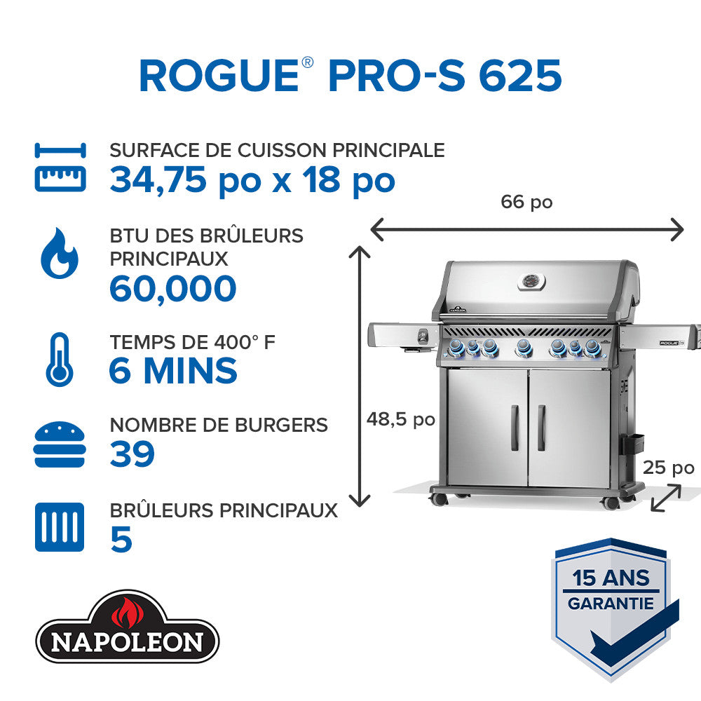 Rogue® PRO-S 625 Natural Gas Grill with Infrared Side and Rear Burners, Stainless Steel