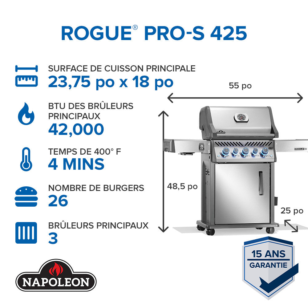 Rogue® PRO-S 425 Propane Gas Grill with Infrared Side and Rear Burners, Stainless Steel