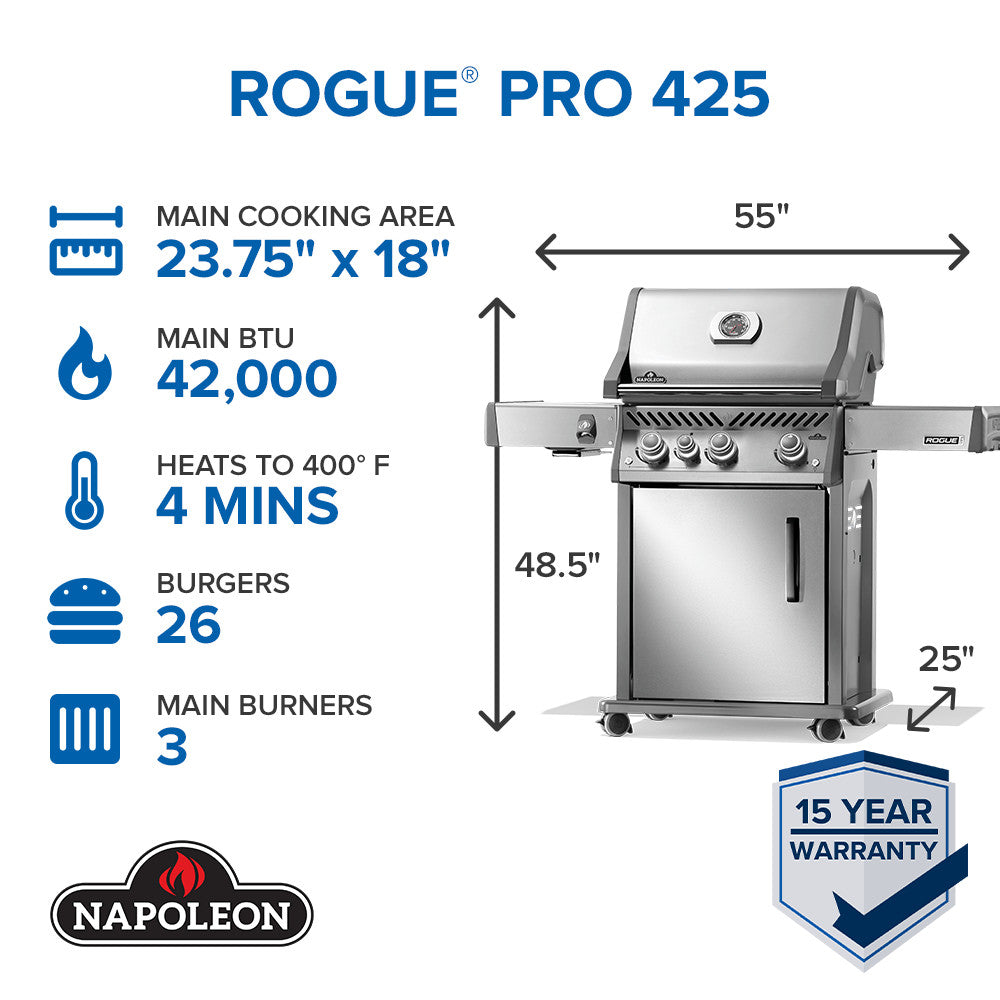 Rogue® PRO 425 Natural Gas Grill with Infrared Side Burner, Stainless Steel