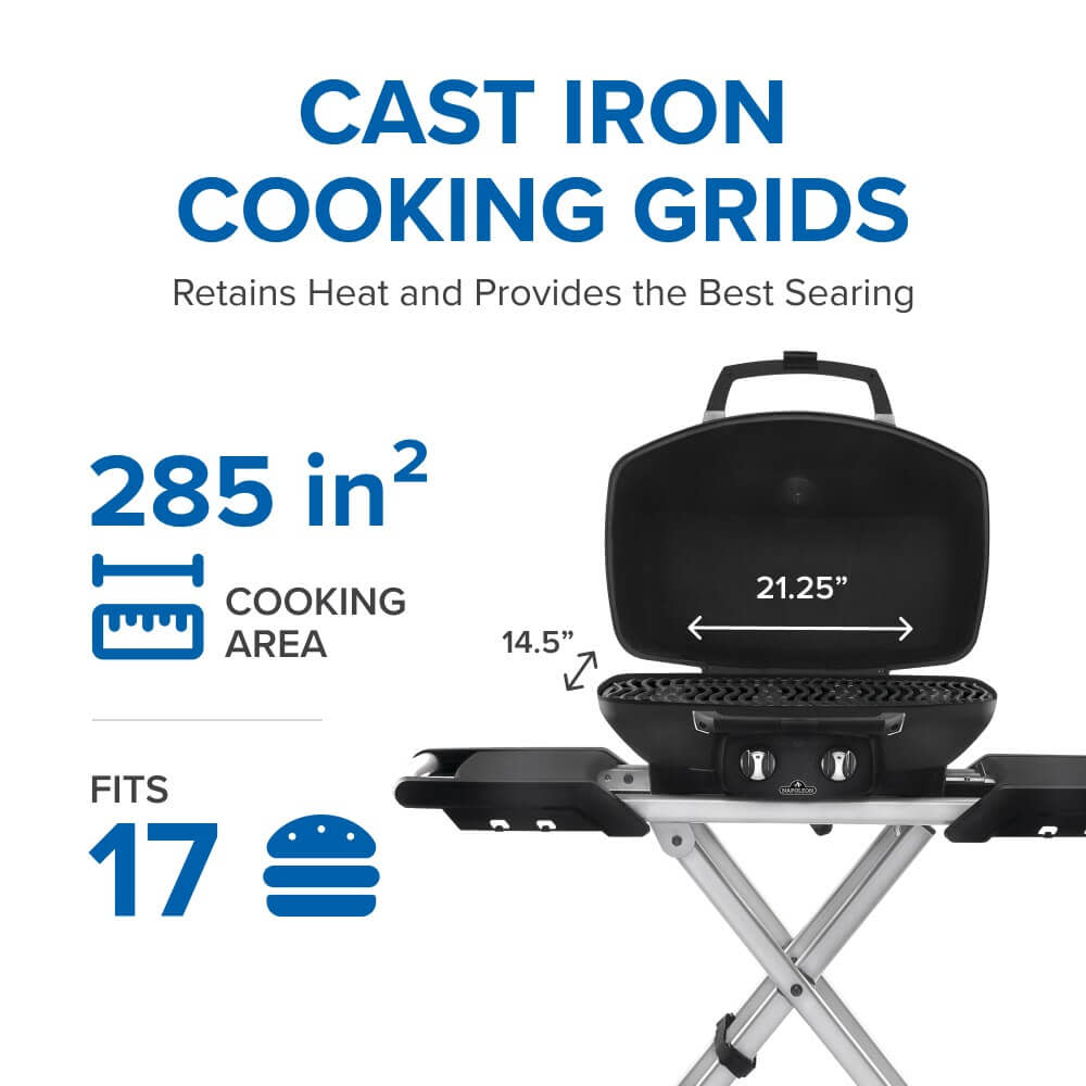 TravelQ™ PRO285X Portable Propane Gas Grill with Scissor Cart, Black