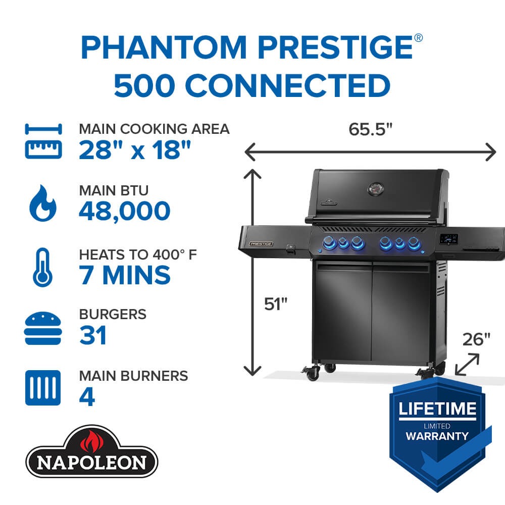 Phantom Prestige® 500 Connected, Propane Gas Grill with Infrared Side and Rear Burner, Matte Black