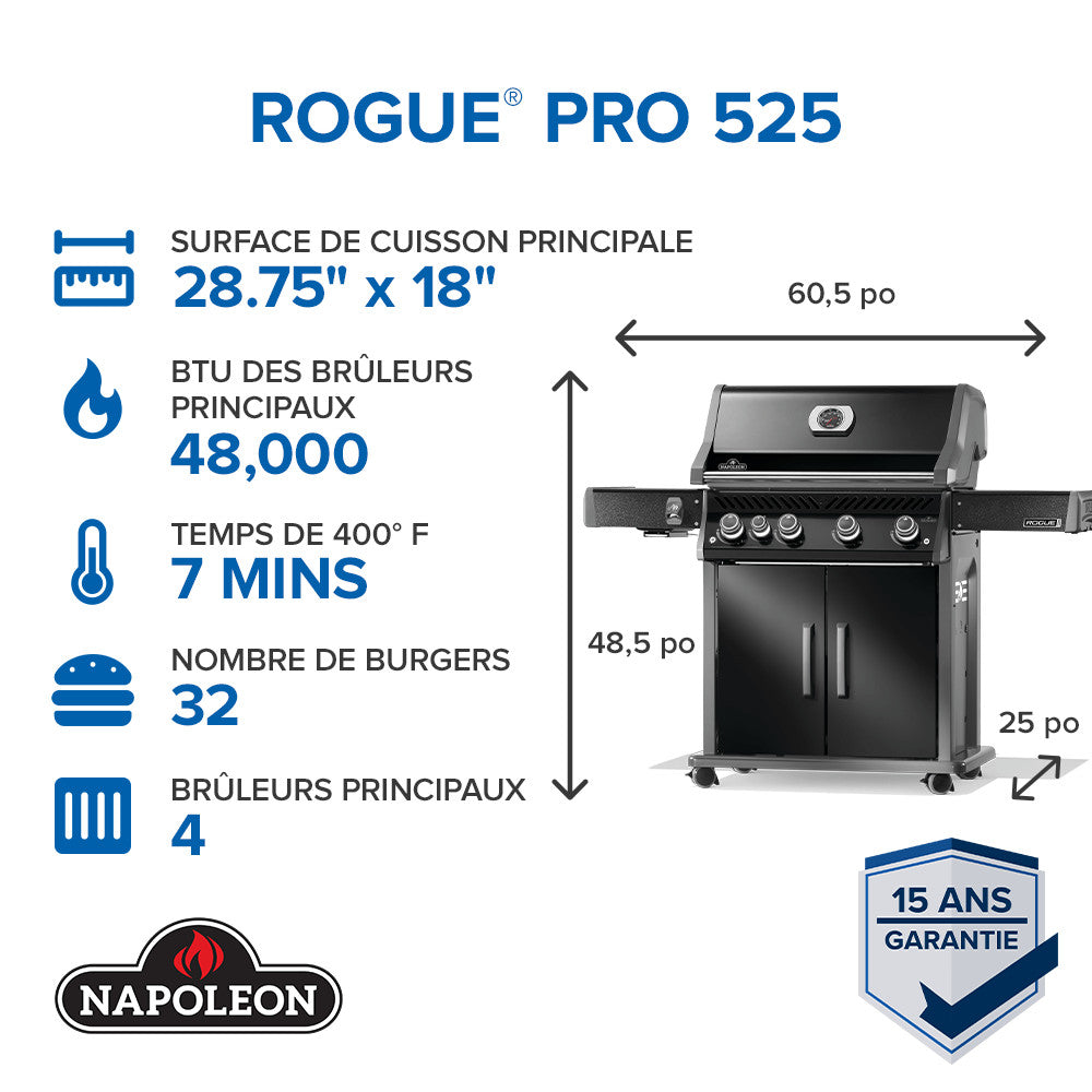 Rogue® PRO 525 Propane Gas Grill with Infrared Side Burner, Black