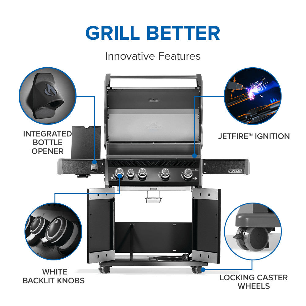 Rogue® PRO 525 Propane Gas Grill with Infrared Side Burner, Black