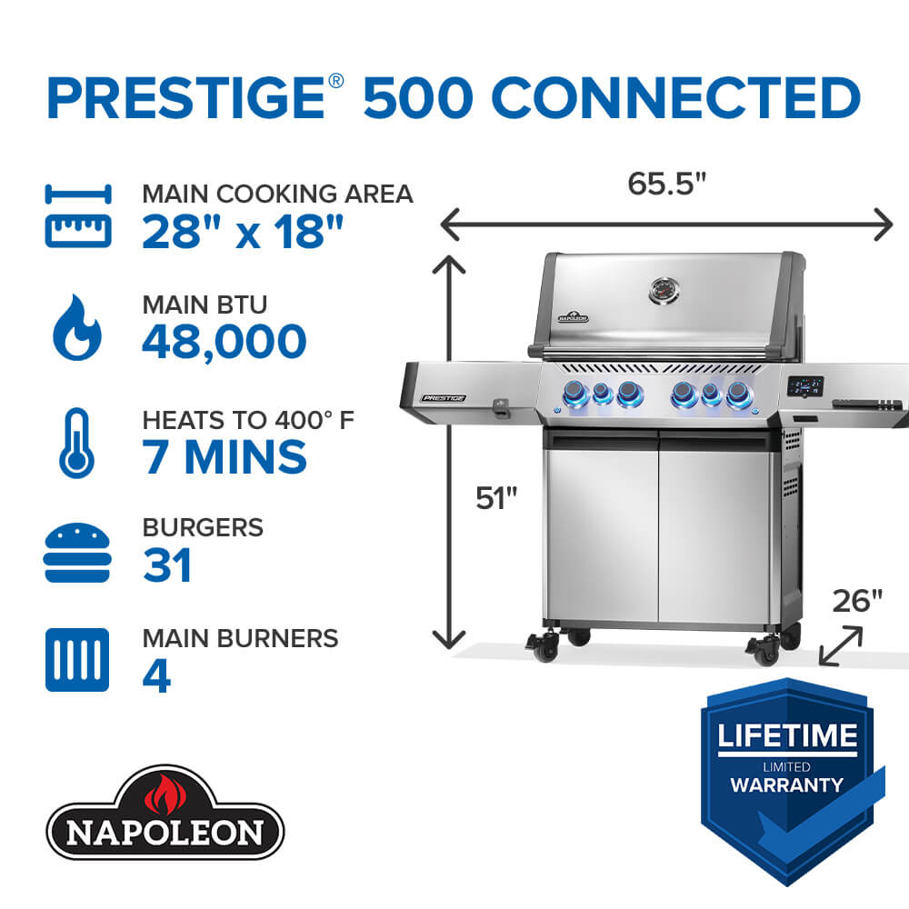 Prestige® 500 Connected, Propane Grill with Infrared Side and Rear Burner, Stainless Steel
