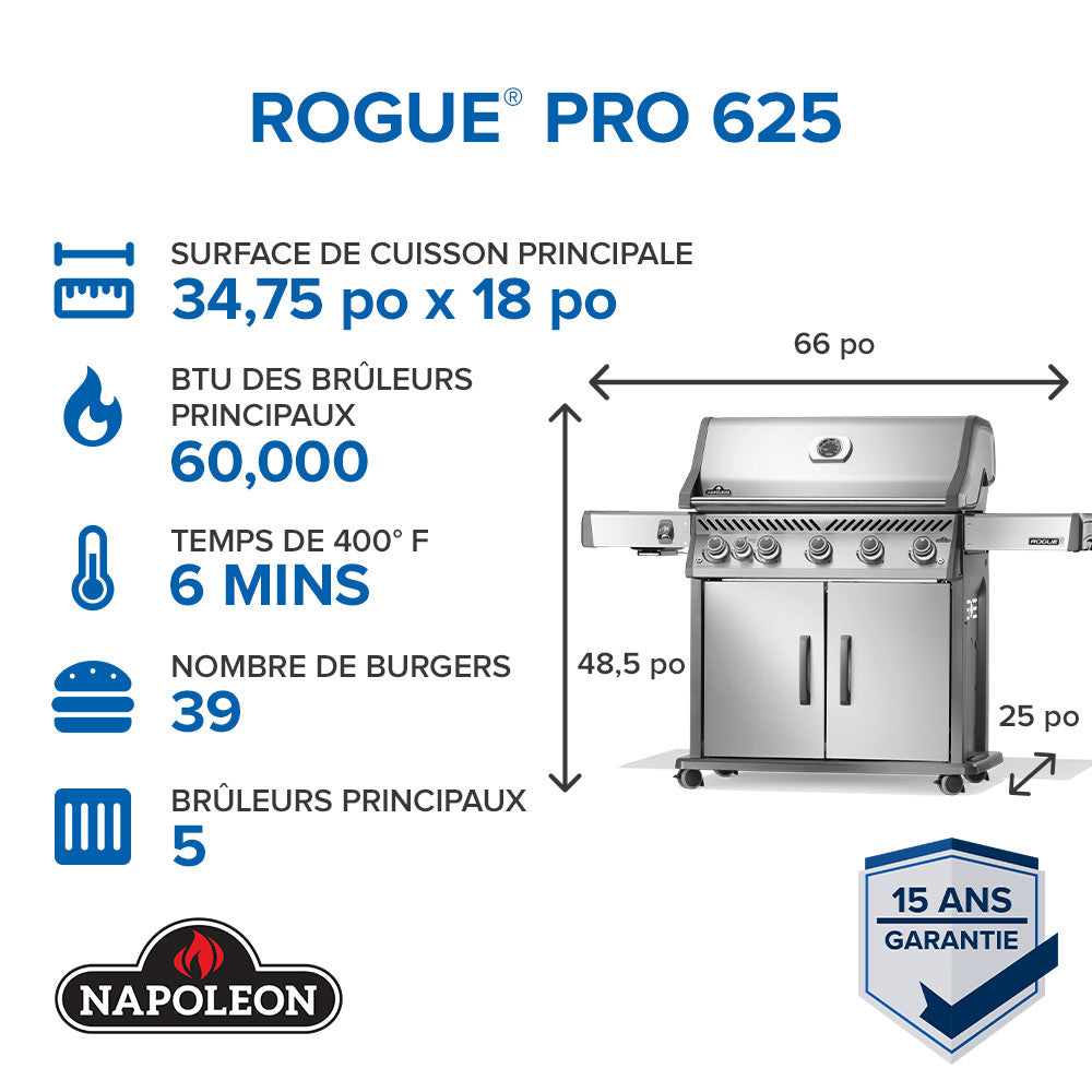 Rogue® PRO 625 Propane Gas Grill with Infrared Side Burner, Stainless Steel