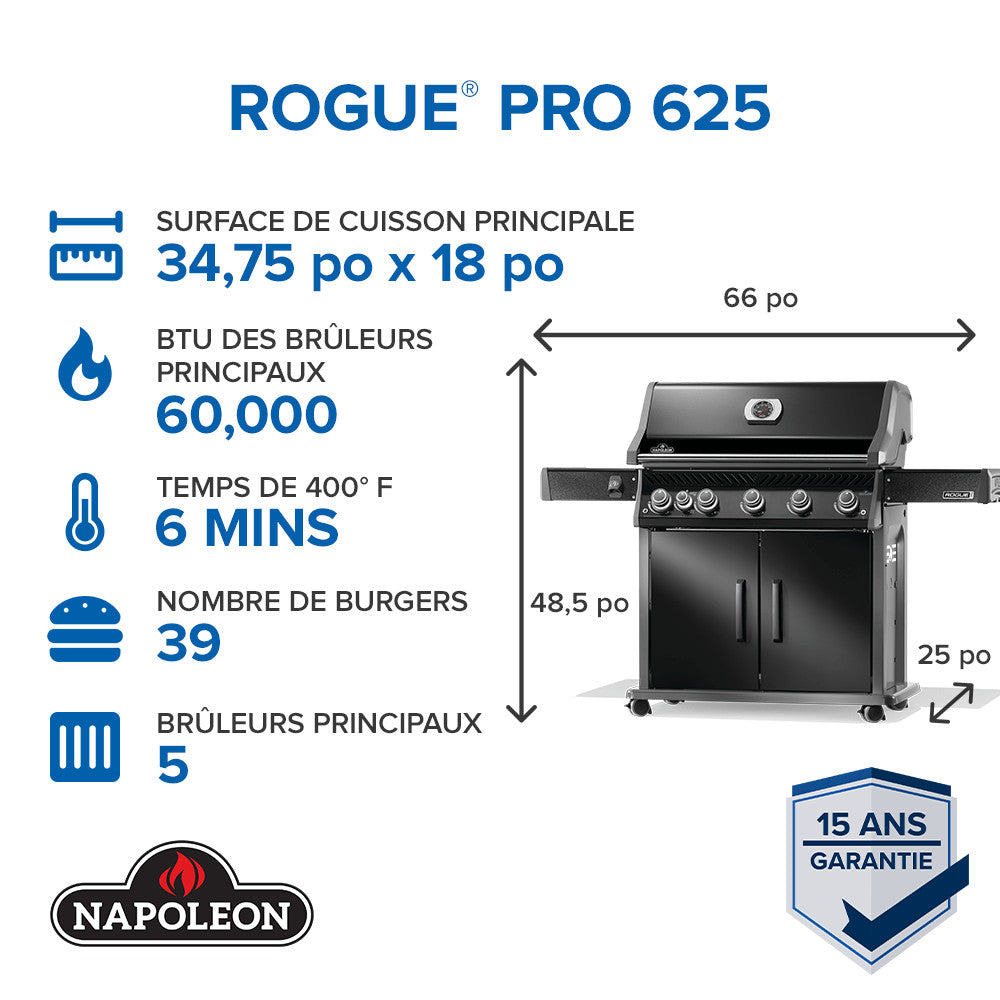 Rogue® PRO 625 Propane Gas Grill with Infrared Side Burner, Black