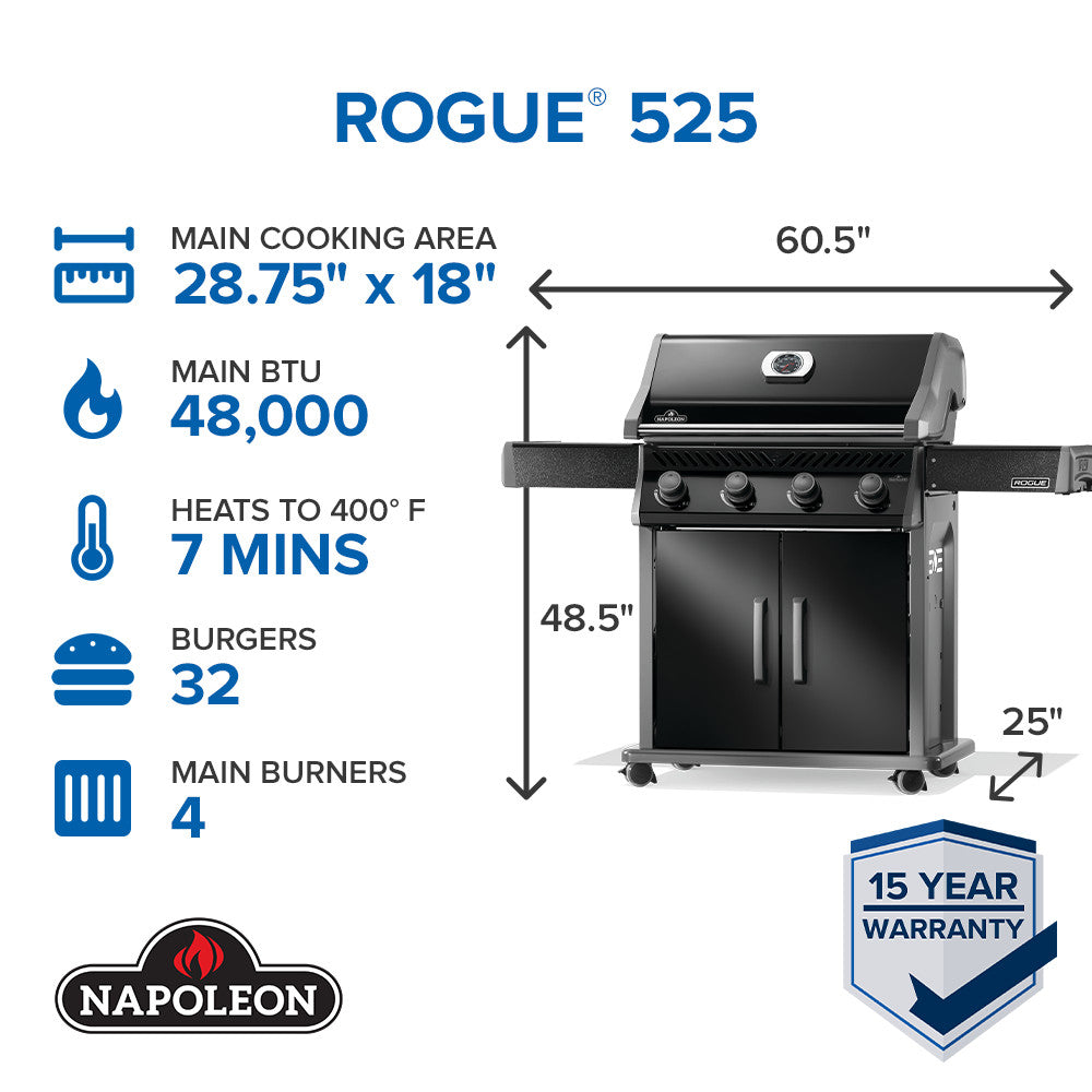 Rogue® 525 Natural Gas Grill, Black, Stainless Steel Grids