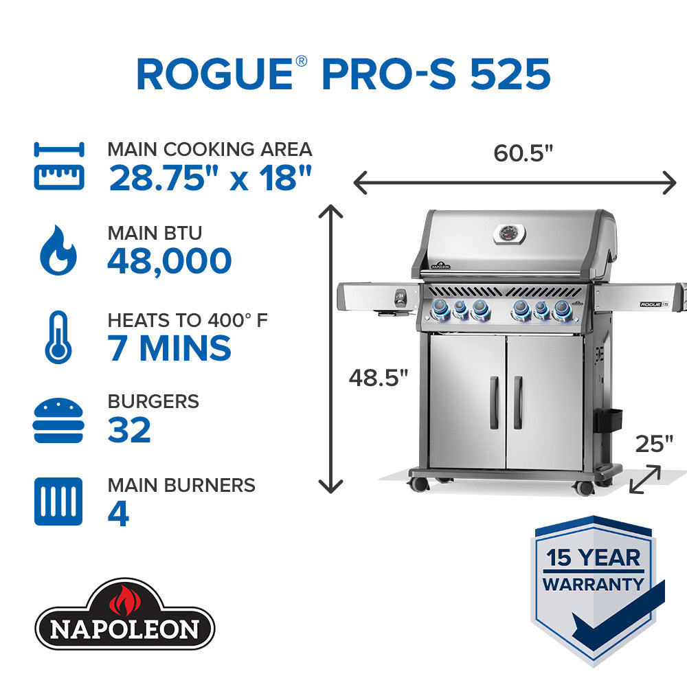 Rogue® PRO-S 525 Propane Gas Grill with Infrared Side and Rear Burners, Stainless Steel