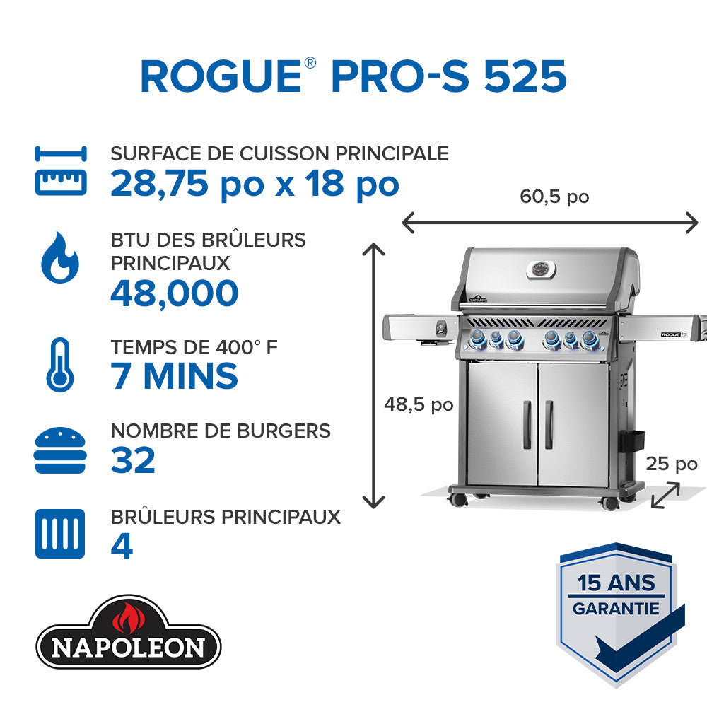 Rogue® PRO-S 525 Propane Gas Grill with Infrared Side and Rear Burners, Stainless Steel