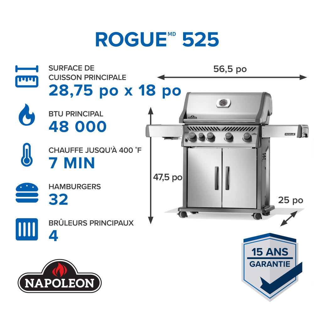 Rogue® 525 Natural Gas Grill with Range Side Burner, Stainless Steel