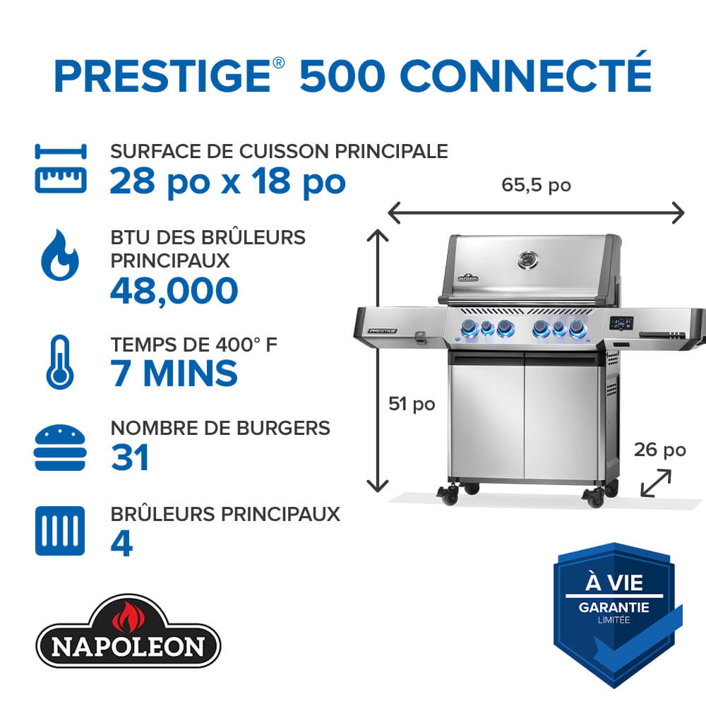 Prestige® 500 Connected, Propane Grill with Infrared Side and Rear Burner, Stainless Steel