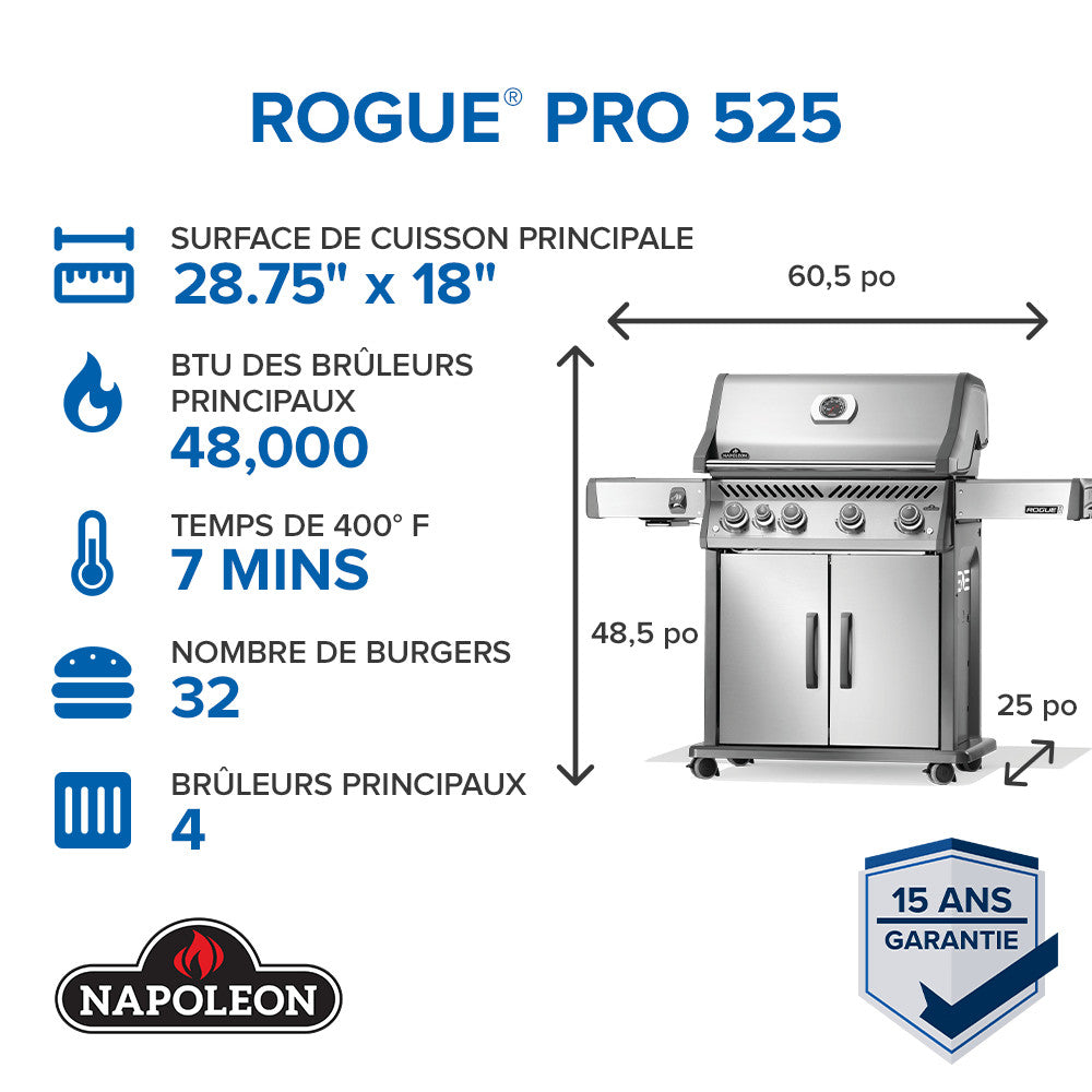 Rogue® PRO 525 Propane Gas Grill with Infrared Side Burner, Stainless Steel