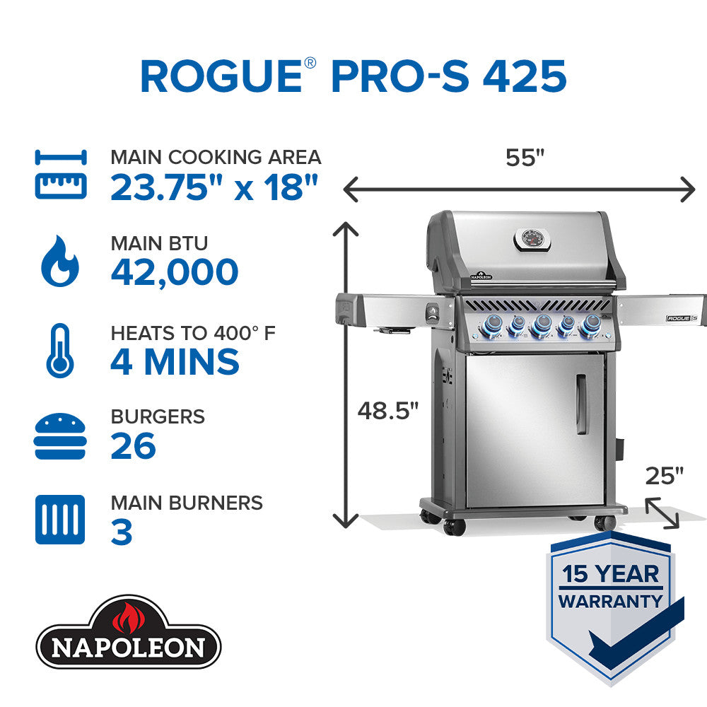 Rogue® PRO-S 425 Propane Gas Grill with Infrared Side and Rear Burners, Stainless Steel
