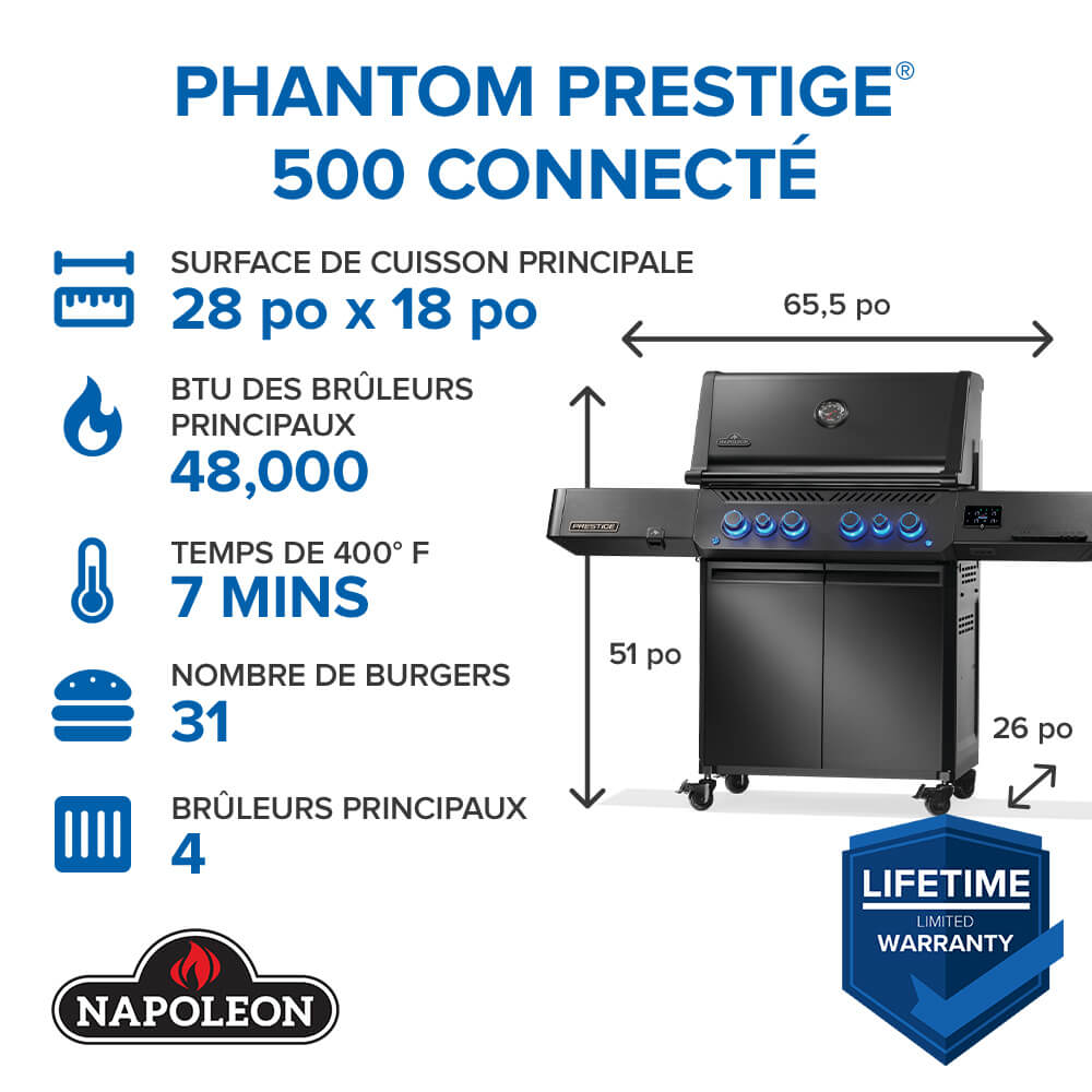 Phantom Prestige® 500 Connected, Propane Gas Grill with Infrared Side and Rear Burner, Matte Black