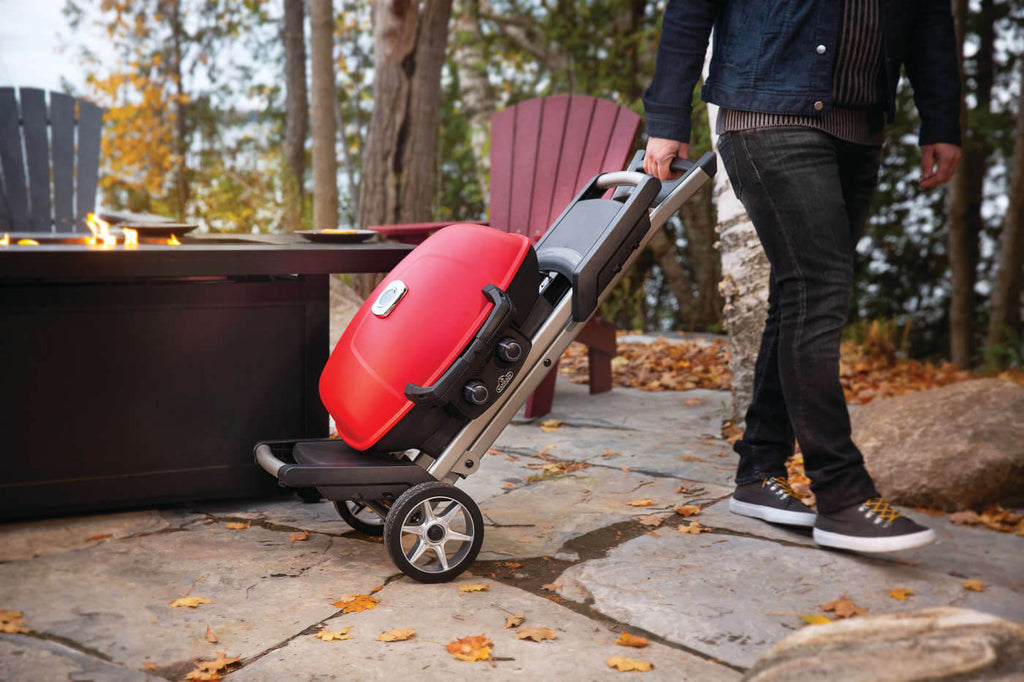 TravelQ™ 285X Portable Propane Gas Grill and Scissor Cart with Griddle, Red