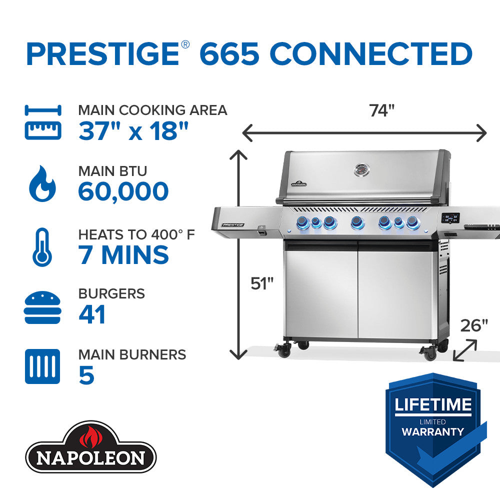 Prestige® 665 Connected, Propane Grill with Infrared Side and Rear Burner, Stainless Steel