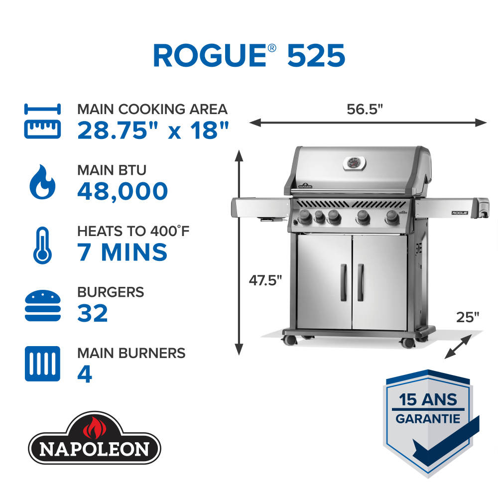 Rogue® 525 Natural Gas Grill with Range Side Burner, Stainless Steel